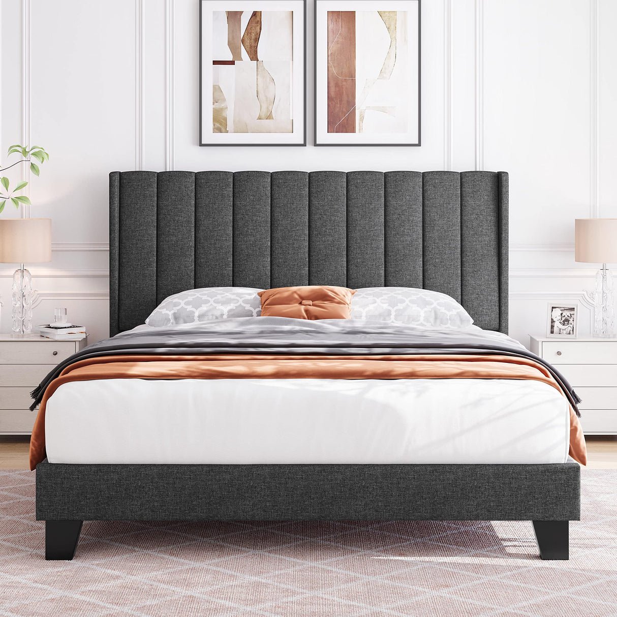 Yaheetech Upholstered Full Size Bed Frame with Wing Headboard & Wooden Slats - Dark Gray Yaheetech