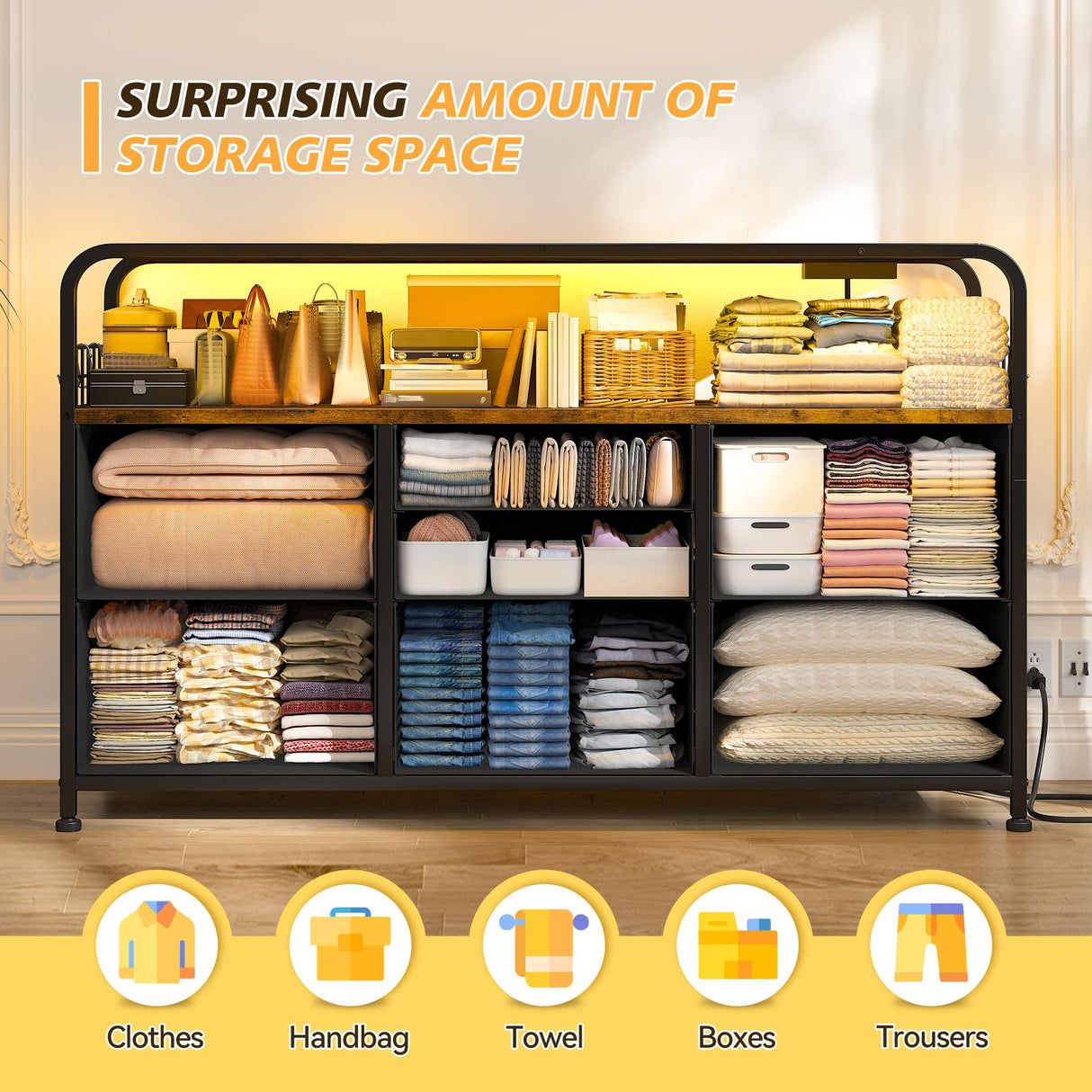 EnHomee Dresser for Bedroom with LED Lights & Charging Station, 7 Drawer Dresser with Open Shelf, Fabric Bedroom Dressers & Chest of Drawers for Closet, Entryway, Hallway, 4 Hooks, Rustic Brown EnHomee