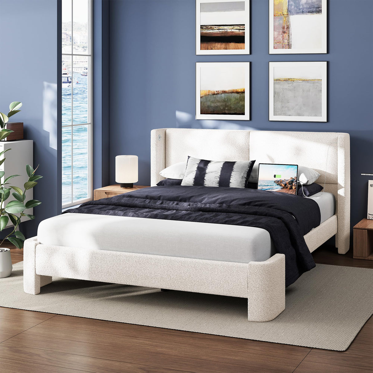 LIKIMIO Queen Bed Frame with Headboard, Upholstered Bed Frames with USB Ports, Base Cama Bed Frame No Box Spring Needed, Cream White LIKIMIO