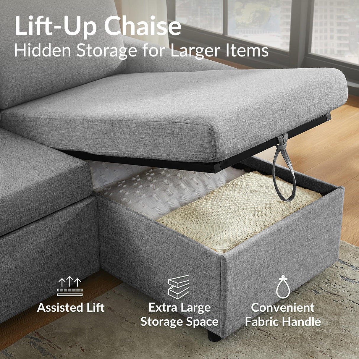 ODIKA L Shaped Convertible Sleeper Sofa Bed, 84" Sectional Couch for Living Room - Pull Out Bed, Reversible Chaise with Storage, Dual USB-C Charging, Removable & Washable Dark Grey Linen Covers ODIKA