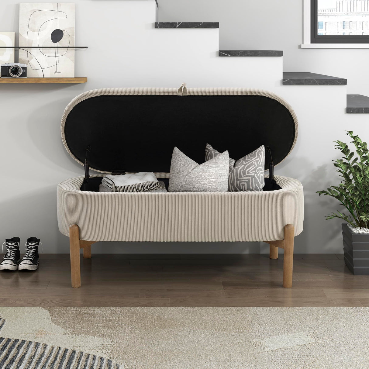 Lexicon Lift Top Storage Bench, Corduroy Upholstered Oval Entryway Bench with Solid Wood Leg Support, Modern Striped Storage Chest for Entryway/Living Room/Bedroom, Taupe Lexicon