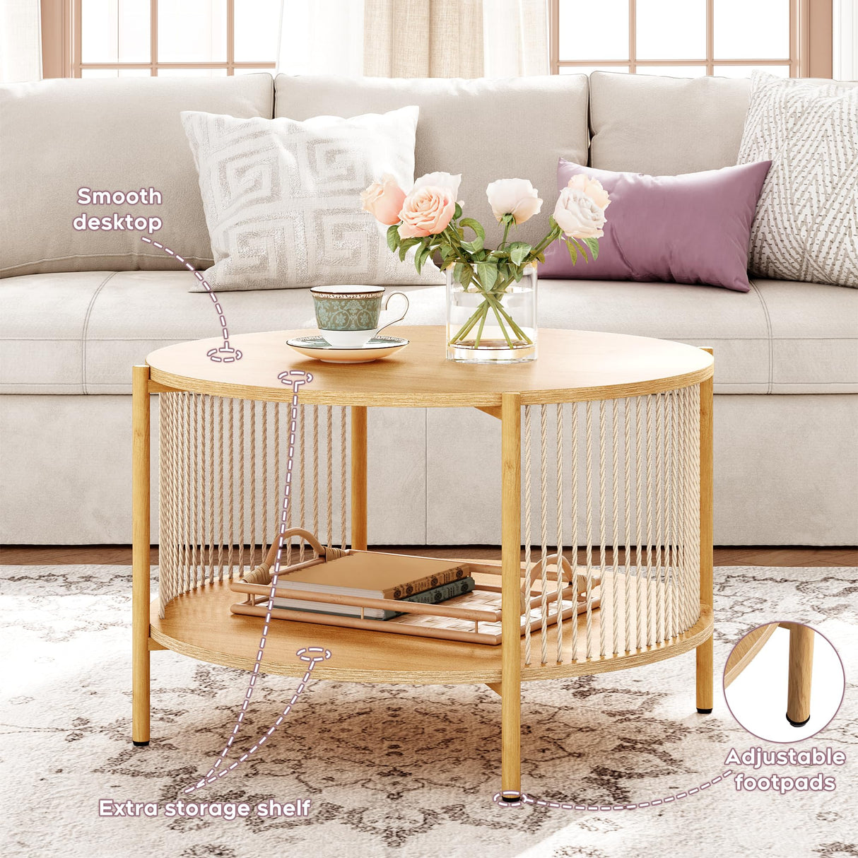 Brafab Natural Fiber Rope Coffee Table Set of 3 for Living Room, Round Rattan Coffee Table and Two End Tables, Boho 2 Tier Modern Side Table with Metal Frame for Apartment Office (Natural)