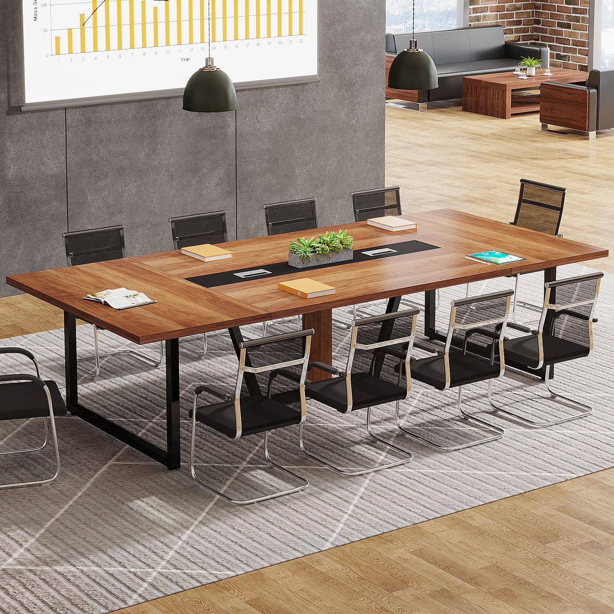 LITTLE TREE 8FT Conference Table for 10 People, Large Meeting Table, Modern Conference Room Table with Cable Management, Training Table with Strong Metal Legs for Office, Brown LITTLE TREE