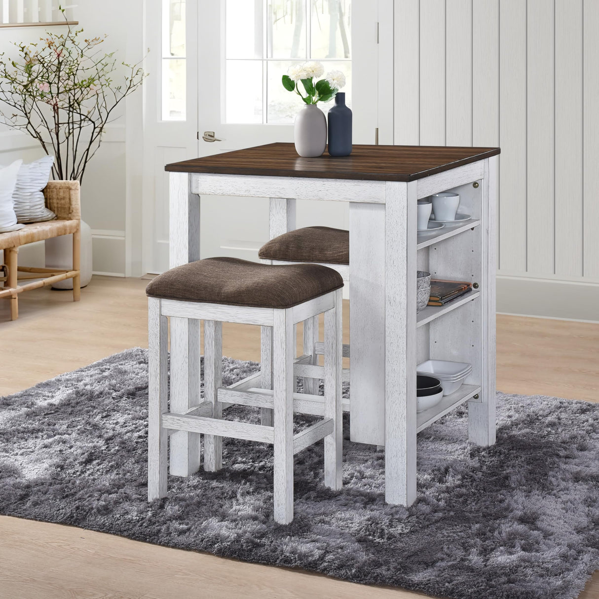 WOODHOMER 3-Piece Wooden Dining Table Set, Kitchen Island with Seating for 2, Kitchen Bar Table with Stools, Counter Height Dining Table Set, Antique Dark Oak & White, Farmhouse Style WOODHOMER