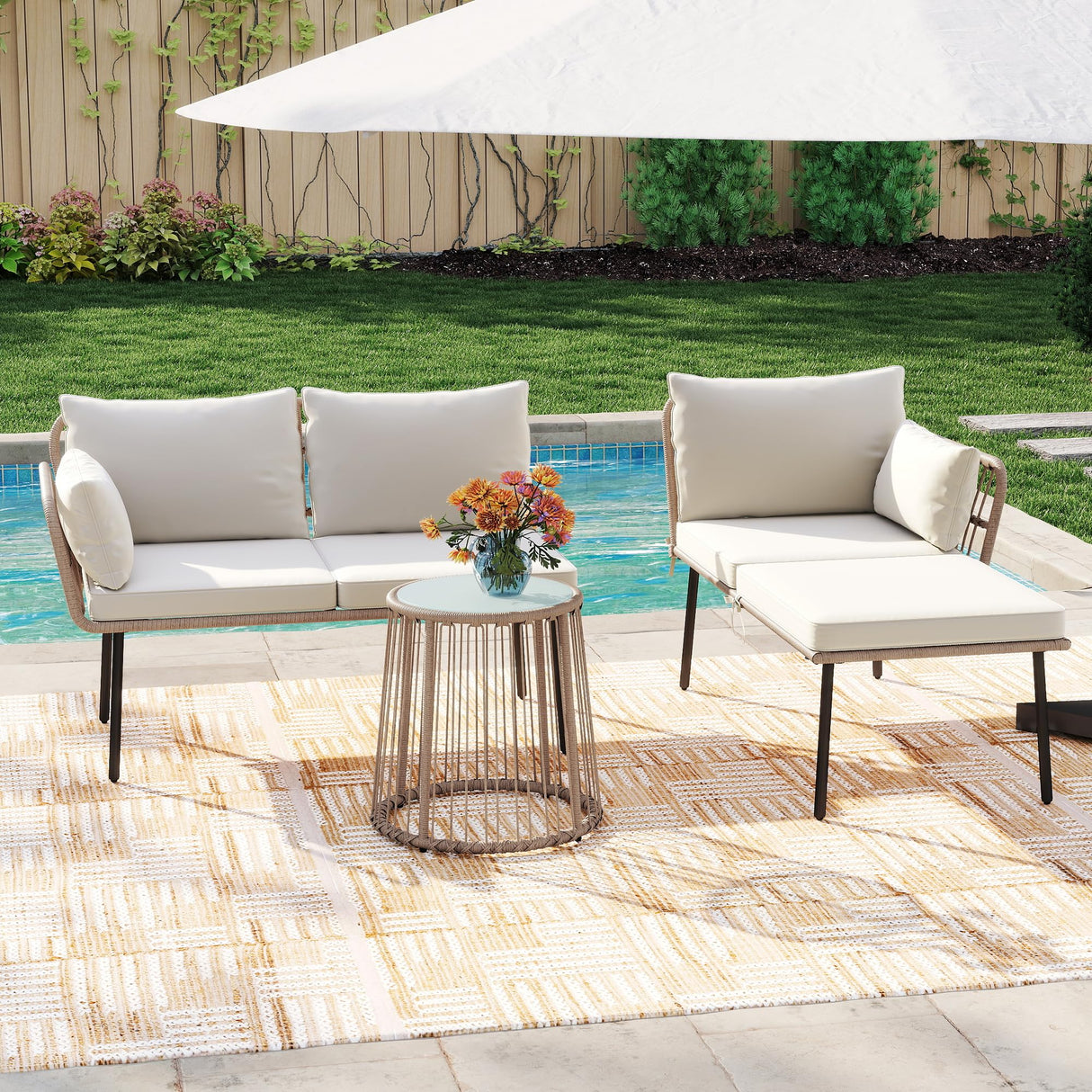 YITAHOME 3 Piece Patio Furniture Set Wicker Patio Sectional with Detachable Cushions and Coffee Table Outdoor Furniture Set L-Shaped Sectional Conversation Sofa Set for Backyard Porch Balcony - Beige YITAHOME