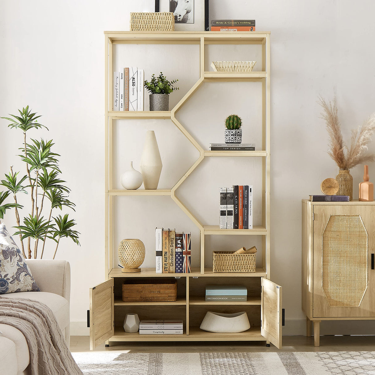 Rattan Bookshelf with 1 Natural Rattan Storage Cabinet and 7 Open Display Shelves, 7 Tier Bookshelf w/Adjustable Shleves & Foot Pad for Living Room, Bedroom, Office, Metal Shelves, Natural Voohek