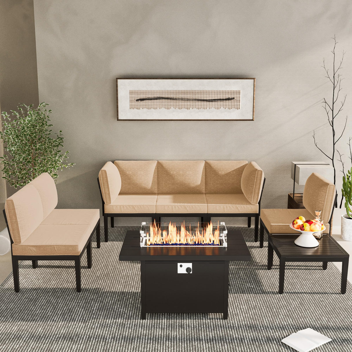 ASJMR Patio Furniture Set,8 Pieces Modern Outdoor Conversation Set w/43in Gas Fire Pit Table, Outdoor Metal Sectional Sofa with 55000 BTU Propane Fire Pit. ASJMR