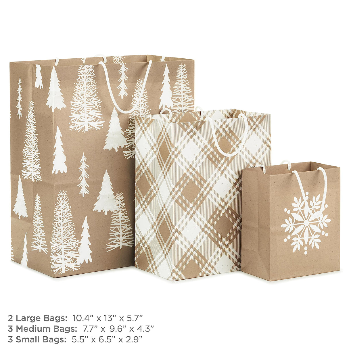 Hallmark Assorted Christmas Gift Bags, Recyclable Kraft Brown with Snowflake, Plaid and Trees (8 Bags: 3 Small 6", 3 Medium 9", 2 Large 13") for Holiday Parties, Hanukkah, Winter Weddings Hallmark