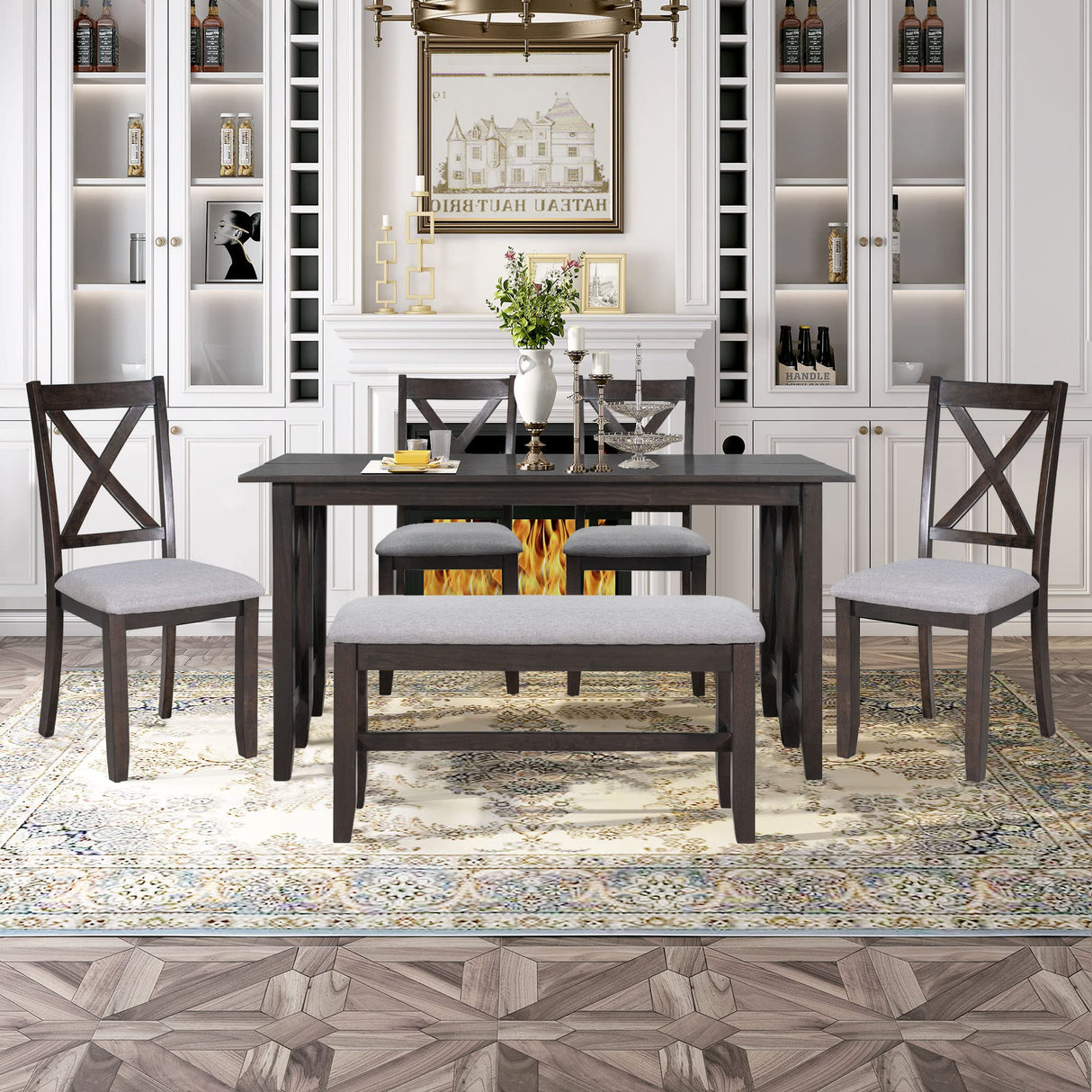 6 Piece Dining Room Table Set, Rustic Farmhouse Dining Room Foldable Table with 4 Upholstered Chairs and Bench, Solid Wood Kitchen Dining Table Set for 6 Persons (Espresso) Merax