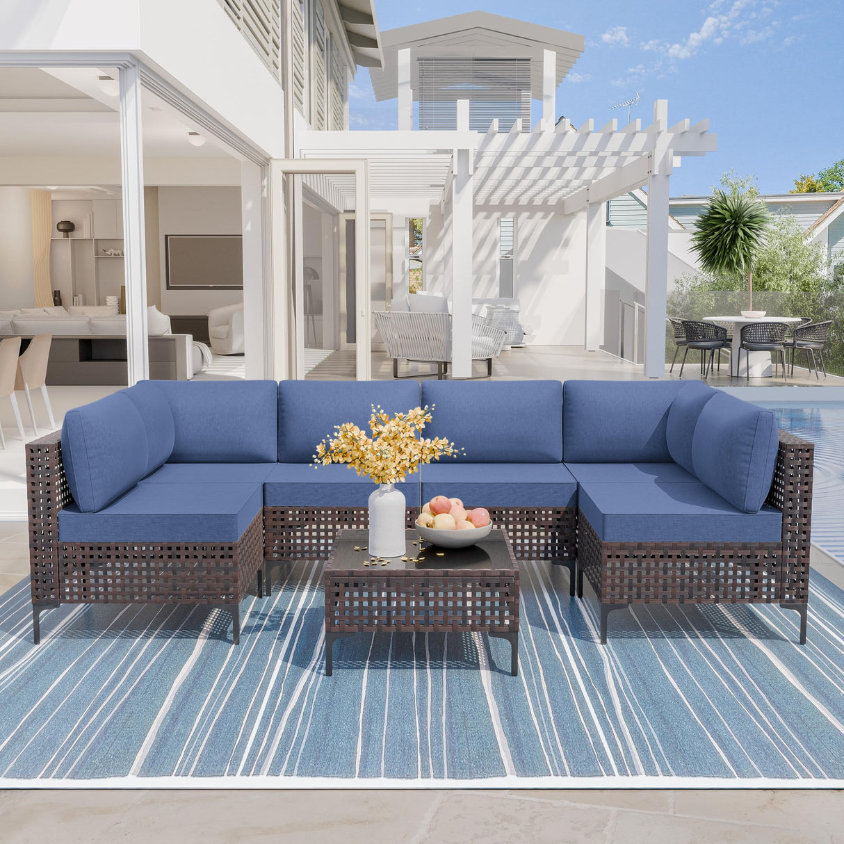 Trumbeak 7 Pieces Patio Furniture Set Wicker Outdoor Sectional Sofa,All Weather Brown PE Rattan Outdoor Conversation Set w/Thick Cushions and Glass Coffee Table,NavyBlue Trumbeak