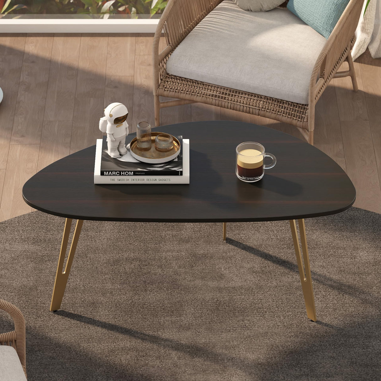 Manora Simple Dark Brown Oval Wood Coffee Table with Gold Legs, Modern Tea Table for Living Room or Office, Cute Small Center Table for Compact Space Manora