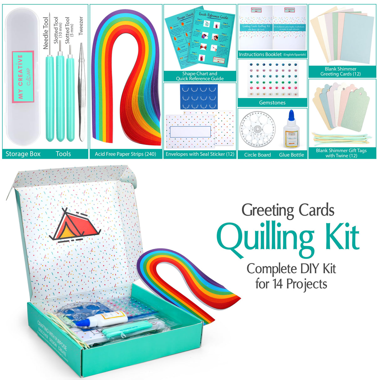 MY CREATIVE CAMP® Beginner's Greeting Cards Quilling Kit, DIY Greeting Card Making Kits for Kids & Adults, Paper Quilling Kit for Beginners, Quilling Card Kit & Gift Tag, 14 Projects with Instructions MY CREATIVE CAMP