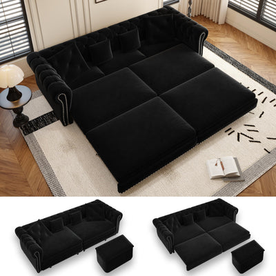 LuxyHoom 89" King Pull Out Sofa Bed, Velvet Chesterfield Sleeper Sofa Couch, 3 in 1 Convertible Tufted Futon Couches with Ottoman for Living Room, Small Space, Apartment, Office, Bedroom, Black