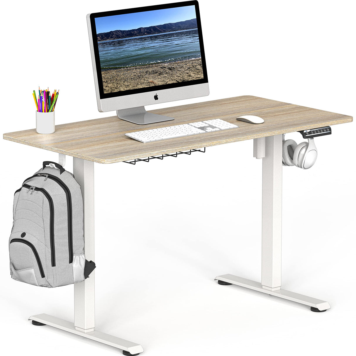 SHW Electric Height Adjustable Sit Stand Desk with Hanging Hooks and Cable Management, 48 x 24 Inches, White Frame and Maple Top SHW