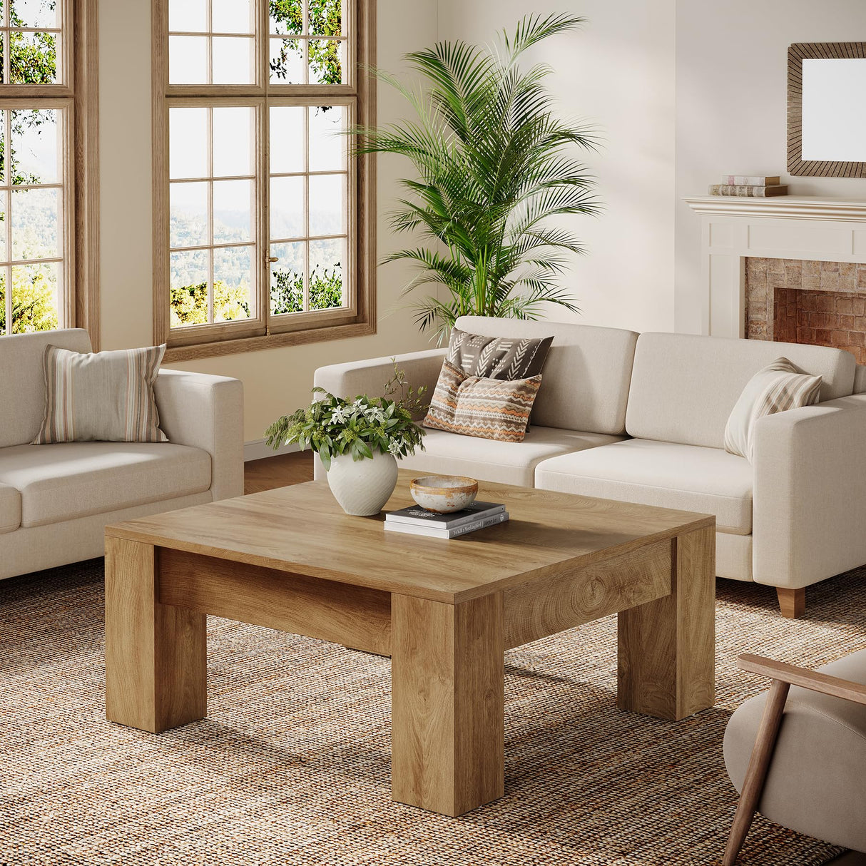 Tribesigns Square Coffee Table, 39-Inch Farmhouse Wooden Coffee Table with Sturdy Legs, Rustic Accent Center Table for Living Room, Easy Assembly, Light Brown Tribesigns