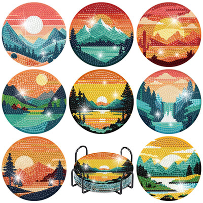 Clendo 8 Pcs Landscape Diamond Art Coasters Kit with Holder, Sunset Small Diamond Art Kits for Adults Beginners, Diamond Painting Coasters Arts and Crafts for Adults Supplies Item Sets