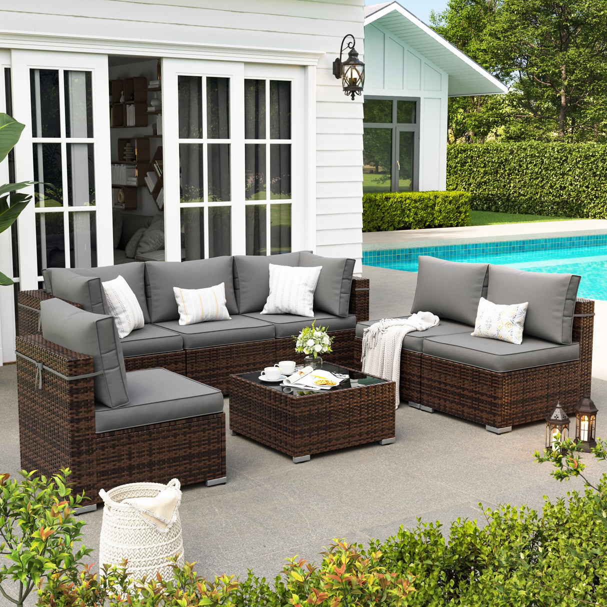 VONZOY Patio Furniture Set, 7-Piece Outdoor Sectional with Waterproof Cover, All-Weather Wicker Patio Conversation Sets for Backyard (Brown with Grey Cushion) VONZOY
