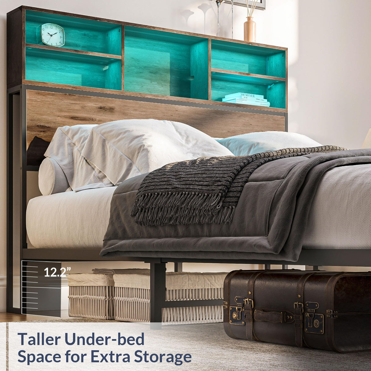 BELLEZE Riviera Full Size Bed Frame with Storage Headboard, RGB LED Light and Fast Charging Station BELLEZE