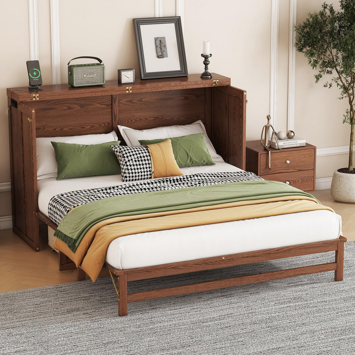 KEIKI Queen Murphy Bed Cabinet with Storage Drawer and Charging Station, USB Port, Solid Pine Murphy Bedframe for Home Office, Studio or Guest Room,Walnut KEIKI