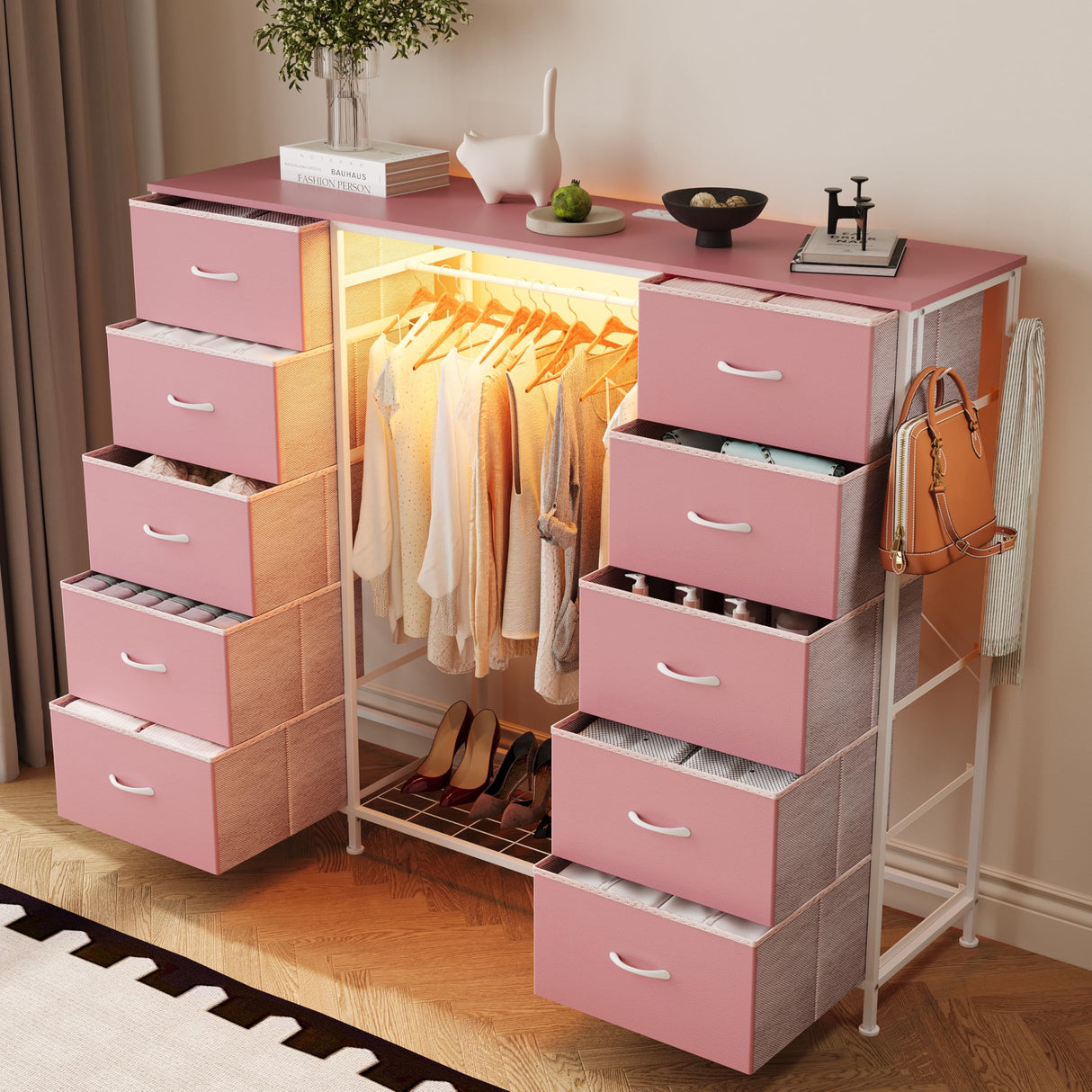 LUMTOK 2-in-1 Dresser with Hanging Rack, 10 Drawers Dresser for Bedroom,Dressers with Fabric Drawers,LED Lights, Charging Station and Hanging Racks for Bedroom (Pink) LUMTOK