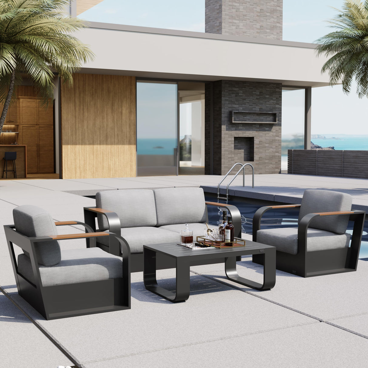 EAST OAK Signature 4 Pieces Patio Furniture Set, Outdoor Furniture with Aluminum Frame, Deep Seating Outdoor Loveseat and Coffee Table, Modern Patio Conversation Set for Porch and Balcony, Dark Grey EAST OAK