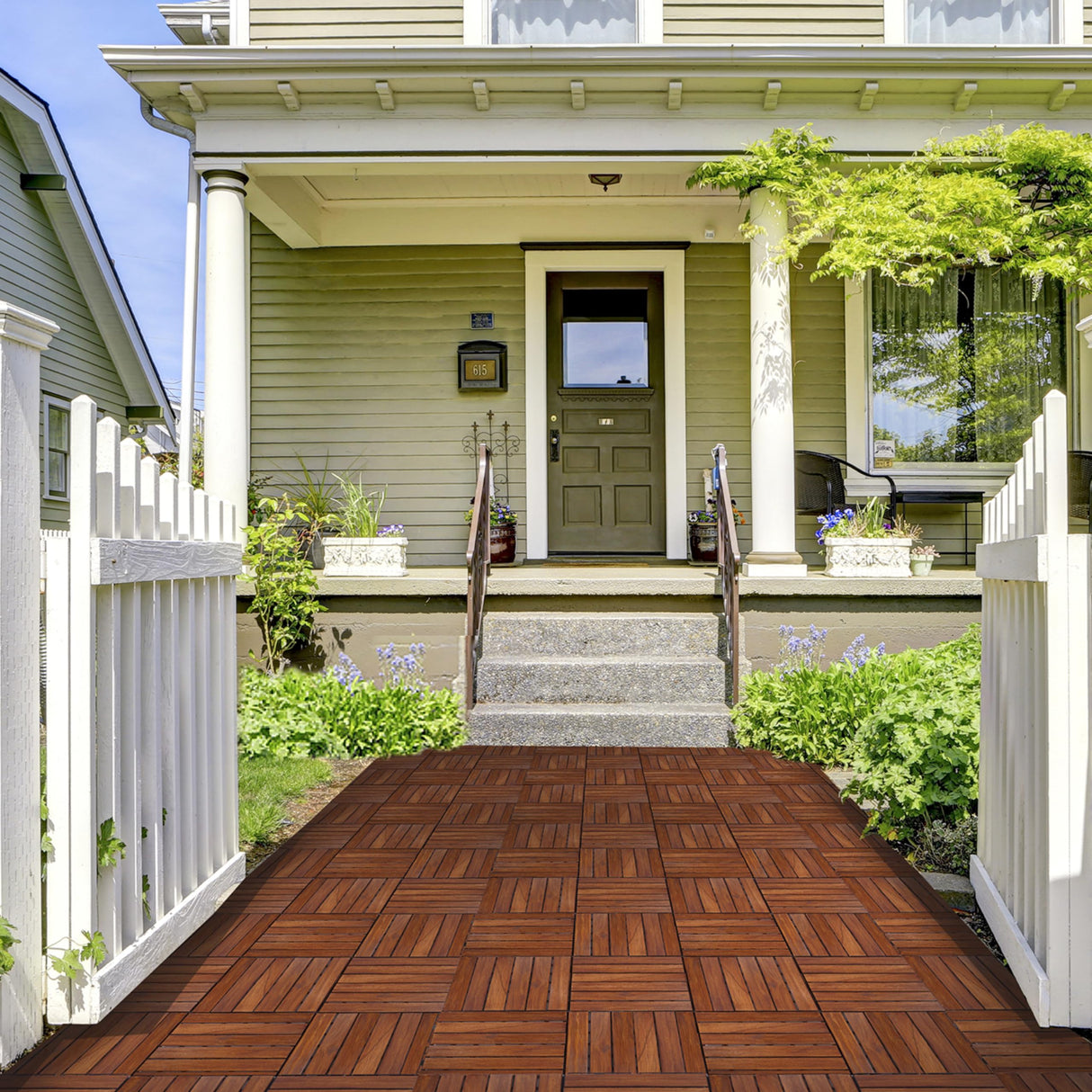 flybold Acacia Wood Patio Flooring Interlocking Deck Tiles (Pack of 10, 12" x 12") Waterproof UV Protected All Weather Tile for Composite Decking Dance Floor for Outdoor Party Balcony flybold