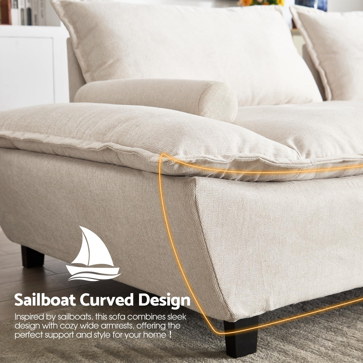 114” Modern Sailboat Loveseat Cloud Couch – Convertible Sofa Bed with Adjustable Depth, Deep Seats & Wide Armrests for Living Room, Apartment, or Small Spaces Beige smilesun