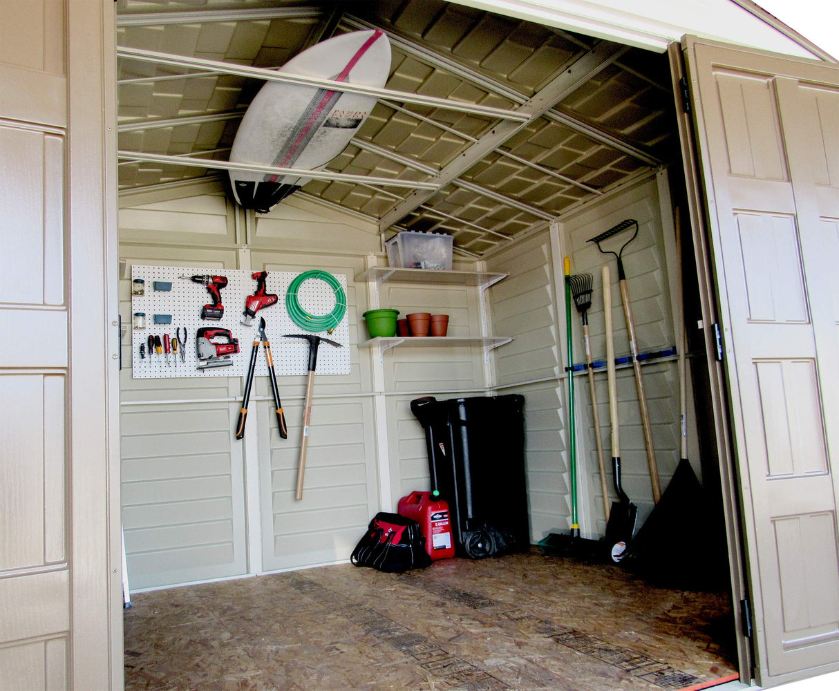 Duramax Woodbridge Plus 10.5 x 8 (8.02 m2) Plastic Garden Shed with 1 Fixed Window & Metal Foundation Kit, Strong Metal Roof Structure Fire Retardant and Maintenance-Free Storage Shed - Ivory/Brown DURAMAX