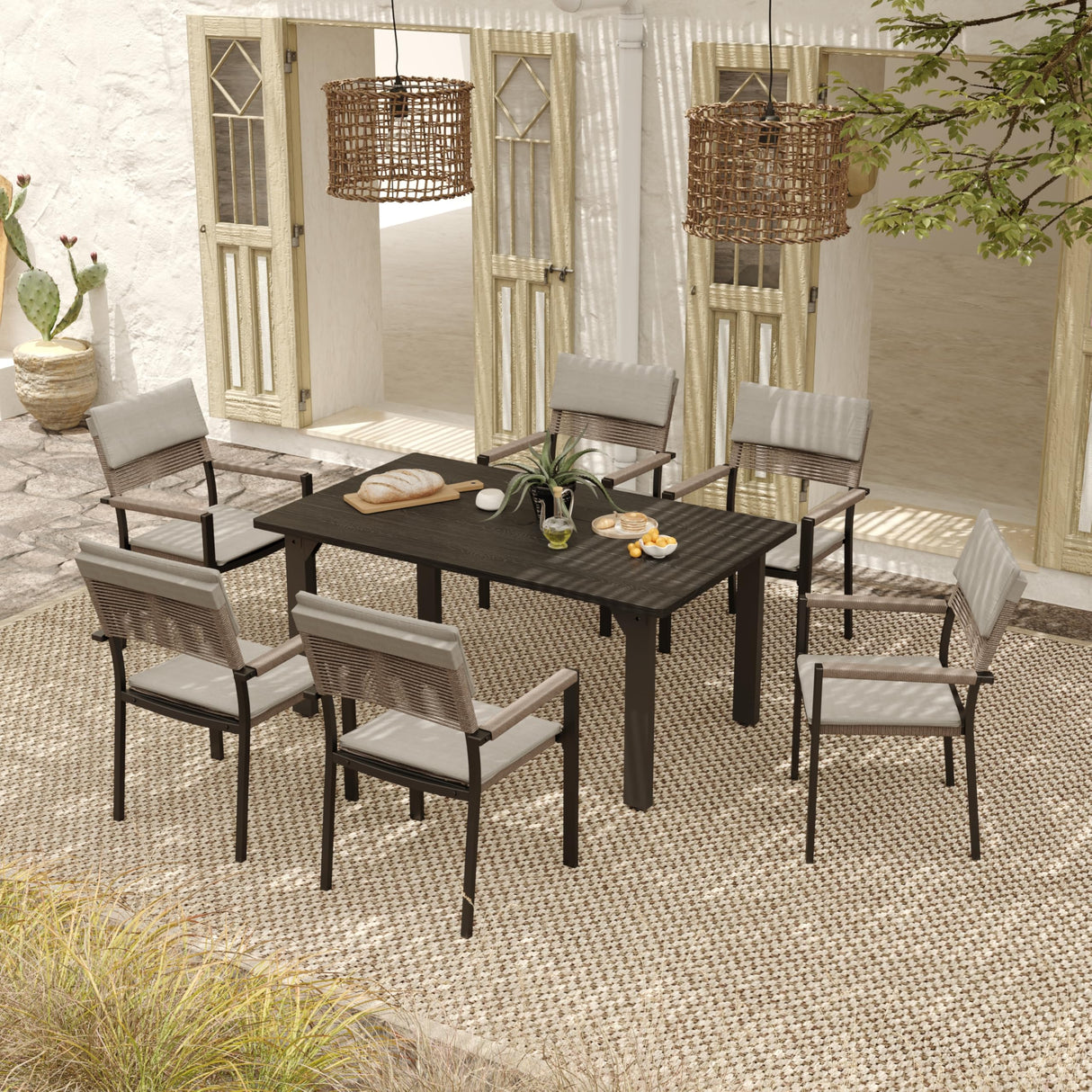Sundale Outdoor Metal Dining Set for 6, 6-Piece Patio Dining Table and Stackable Rattan Chairs Set with Headrests and Cushions for Backyard, Garden, Deck, Light Gray Sundale Outdoor