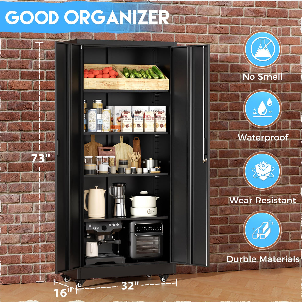 Greenvelly Metal Storage Cabinet with 4 Swivel Wheels, 73" H Black Garage Storage Cabinet with Wheels, Rolling Tool Cabinet with Locking Doors and Shelves for Home, Basement, Kitchen Pantry, Warehouse Greenvelly