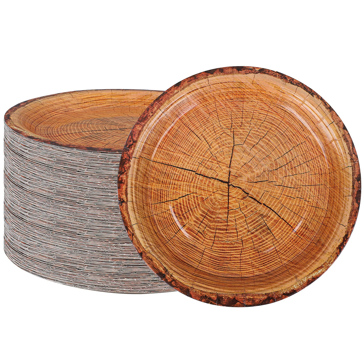 peony man 50 Count Wood Grain Paper Plates 9" Rustic Wood Slice Paper Plates Disposable Party Dinner Plates Farmhouse Round Paper Plate for Dining Table Decor Cut Timber Party Supplies peony man