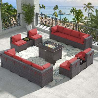 RTDTD Outdoor Patio Furniture Set with Propane Fire Pit Table, 15 Pieces Outdoor Furniture Patio Sectional Sofa Conversation Sets w/ETL Approved 43" Gas Outdoor Fire Table & Coffee Table(Red)
