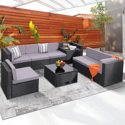 KROFEM 8 Pieces Outdoor Wicker Rattan Patio Furniture Sectional Set, Glass Top Table with Hidden Storage, 7 Sofa Sections, Oversized Cushions, Black Color Rattan with Light Grey Cushion