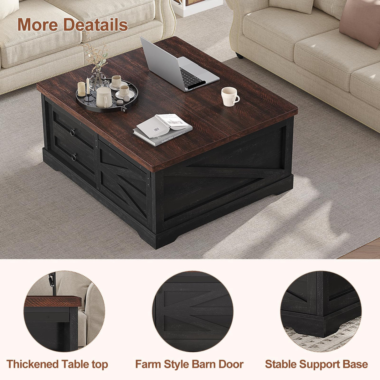 Itaar 39.4'' Lift Top Coffee Table with Storage, Farmhouse Coffee Tables for Living Room, Square Coffee Table with Large Hidden Compartment & 2 Drawers & Adjustable Shelves, Black Itaar