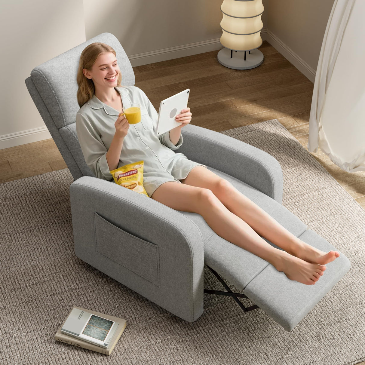 GarveeHome Linen Fabric Manual Recliner Chair, with Side Pocket, High Backrest, Thick Cushion, Adjustable Push Back Recliner,Lazy Lounge Chair for Living Room, Home Theater, Bedroom, Gray GarveeHome