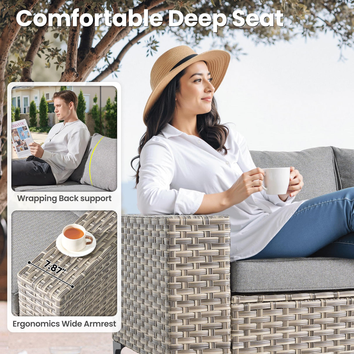 ovios 9 Pieces Patio Furniture Set Outdoor Sectional Sofa Couch with Fire Pit Table Rocking Swivel Chairs Deep Seat Chaise, Modern Modular Wicker Rattan Conversation Set, Dark Grey ovios