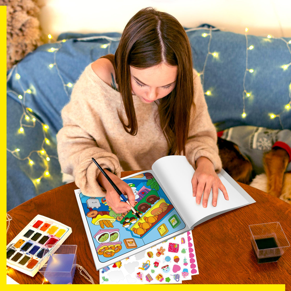 Cute & Cozy Coloring Book, 50 Sheets Warm Scenes with 600+ Stickers, Cute Animals- Themed Pages Stress Relief for Adults & Teens Relaxation, Comfy Day, Cozy Hygge Moment (8.3” x 8.3”) Gethelud