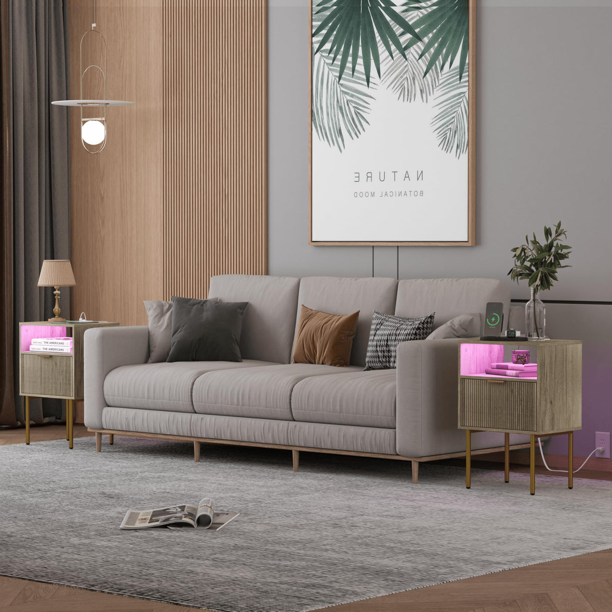 JOONEE Modern Nightstand with Charging Station and LED Lights, White Bedside Table with Drawer, Fluted Side Table for Living Room, Bedroom JOONEE