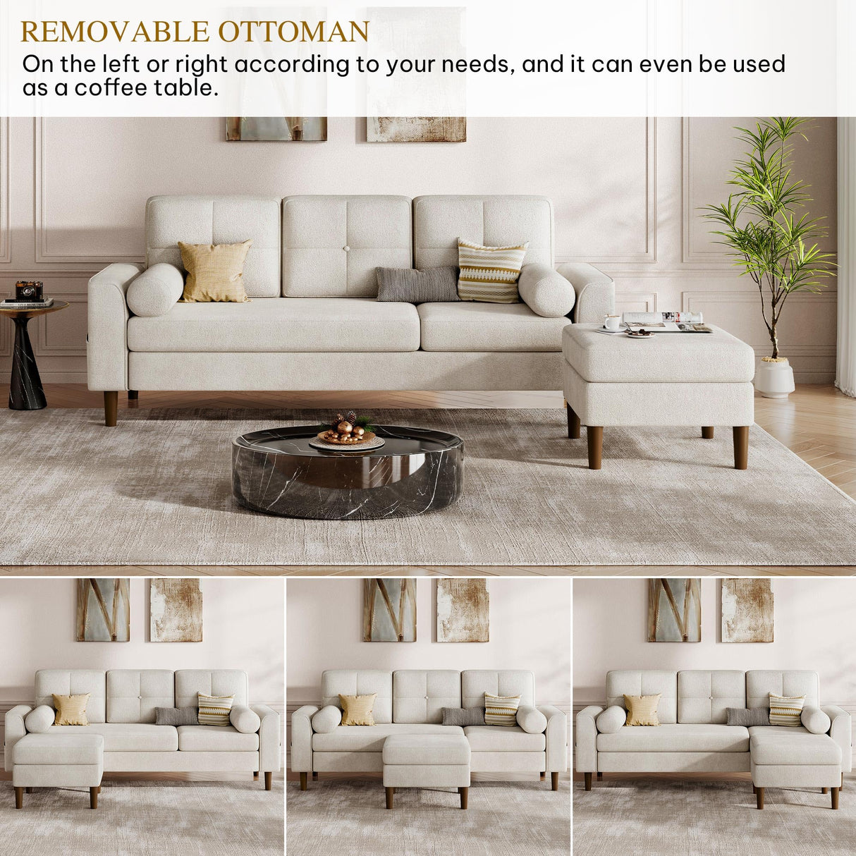 YITAHOME 78" Sectional Sofa Couch with Removable Ottoman, Cat-Scratch-Proof Fabric Sofa for Living Room Apartment, L-Shaped Sofa with 2 Cylinder Neck Pillows and Storage Pocket, Beige YITAHOME