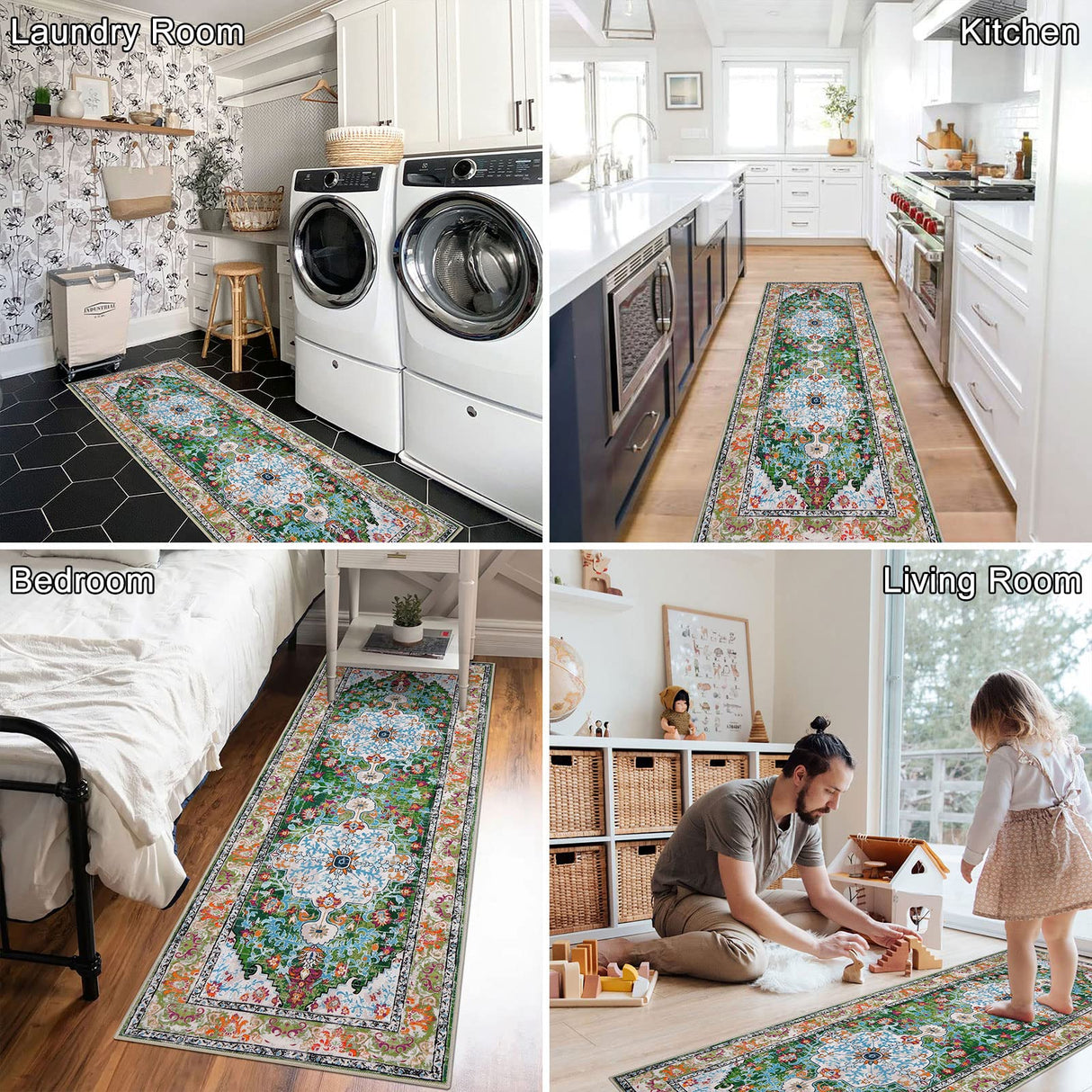 U'Artlines 2' x 6' Boho Hallway Runner Rug, Non Slip Washable Vintage Farmhouse Kitchen Rug Accent Area Carpet for Entryway Laundry and Living Room (Green) U'Artlines