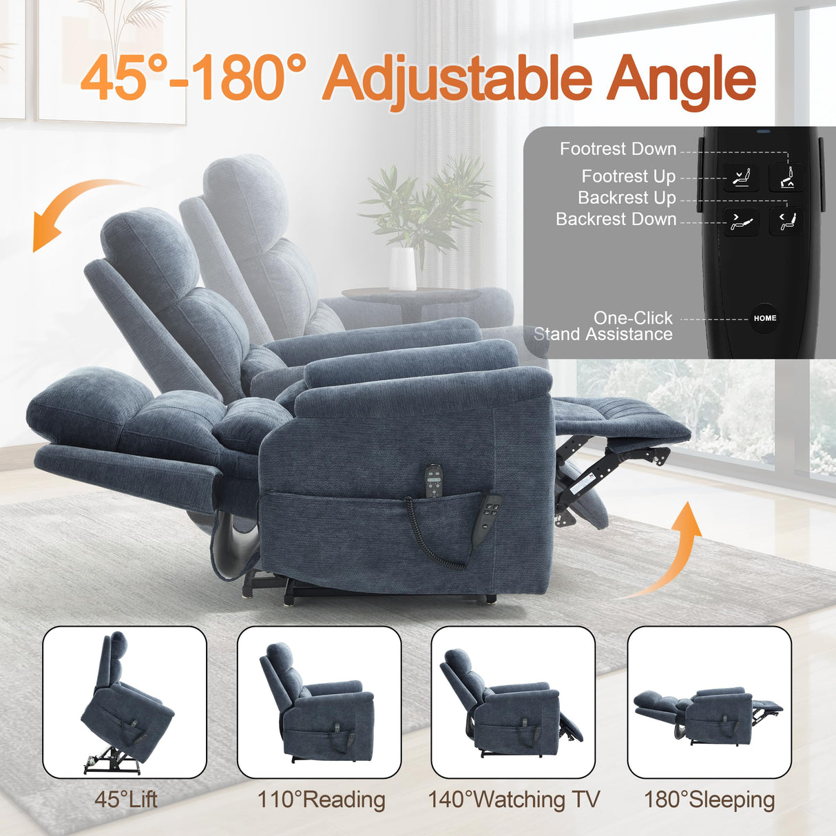 Power Lift Recliner Chair for Elderly People, Dual Motor Lay Flat Recliner with Vibration Massage and Heat, Heavy Duty Motion Mechanism Standing Assistance Reclining Chair, Chenille Fabric Blue Luxlen