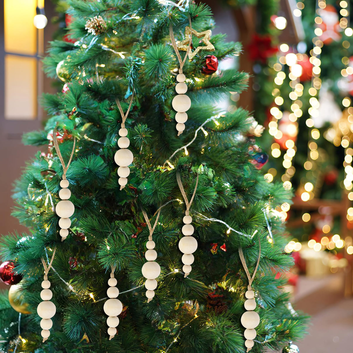 24 Pcs Christmas Tree Ornaments Wood Bead Hanging Decorations Farmhouse Natural Bead Garland Rustic Small Wooden Boho Holiday Minimalist for Neutral Scandi Xmas Tree Hanging Party Decor AllReal