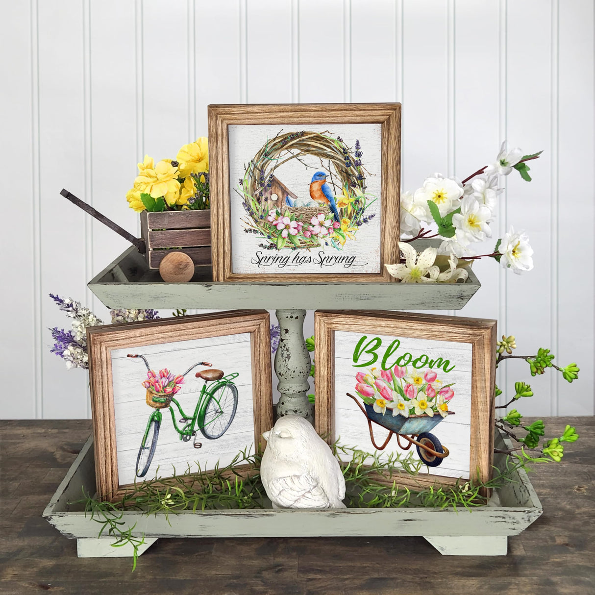 Set of 3 Rustic Wood Frames for Tiered Tray Decor - 36 Interchangeable Seasonal Home Signs for Valentines, St Patrick's Day, All Seasons, 7x7 in Parallel Decor