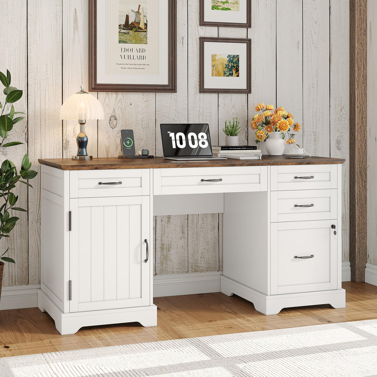 Whalefall 55'' Farmhouse Desk Home Office with Drawers, Executive Computer Desk Wooden with File Cabinet and Charging Station, White Whalefall