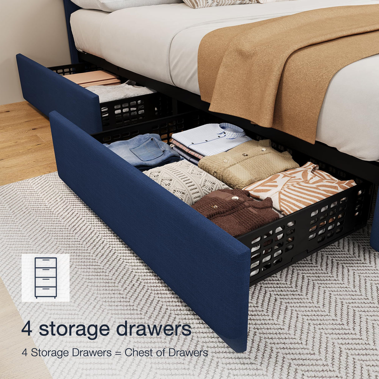 IDEALHOUSE King Size Bed Frame with 4 Storage Drawers and Adjustable Headboard, Linen Upholstered Platform Beds, Diamond Stitched Button Tufted, No Box Spring Needed, Blue IDEALHOUSE