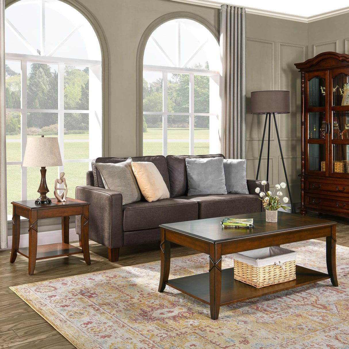 MODERION Solid Wood Coffee Table with Storage Shelf, Mid-Century Living Room Table with Wood Carved Tabletop and Leg, 43.3” Splicing Cocktail Center Table,Easy Assembly, Cherry Brown KFZ-DR200 MODERION