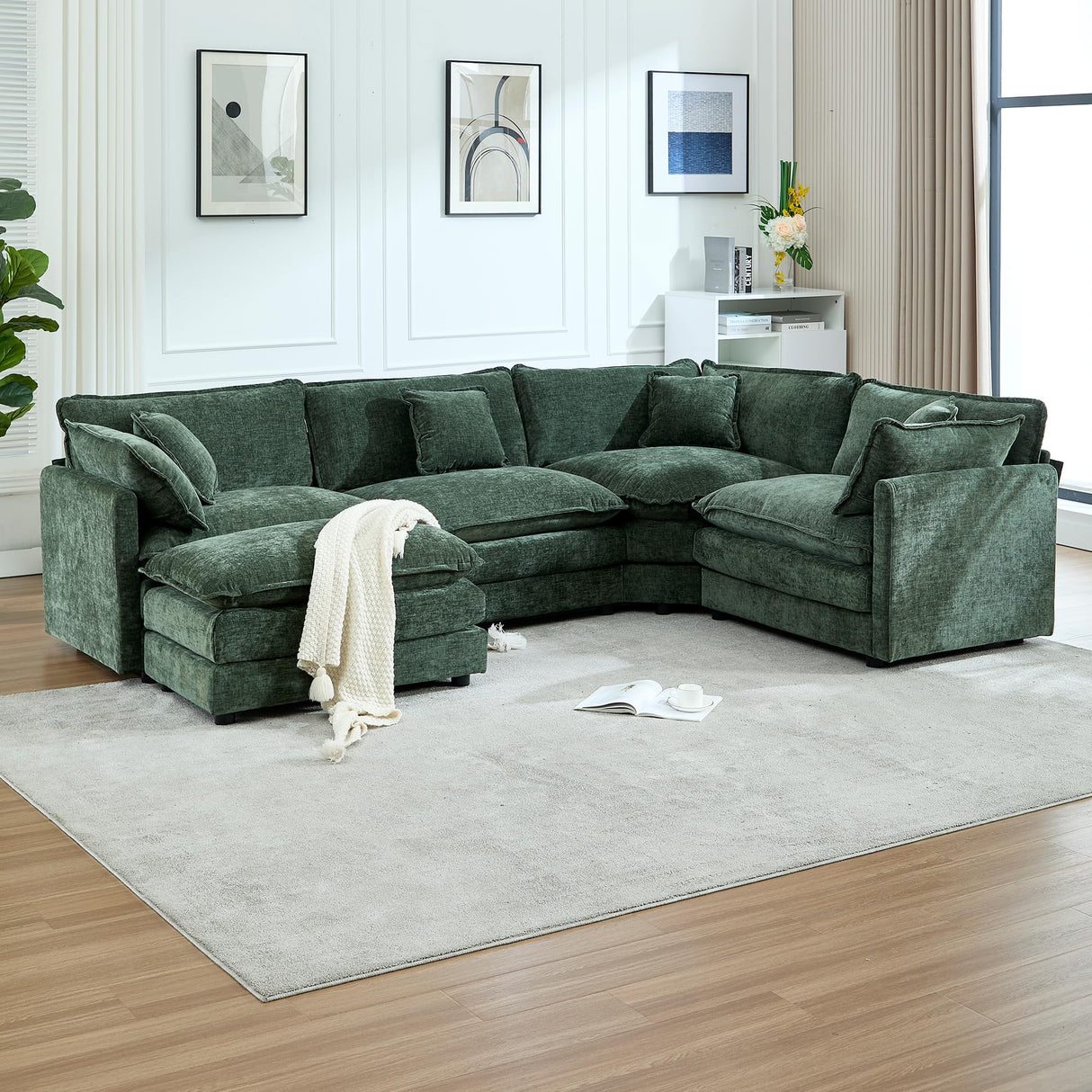 GNIXUU Oversized Modular sectional Sofa, Chenille Large Cloud Sectional Couches for Living Room, Convertible 5 Seater L Shaped Couch with Ottoman for Living Room, Green GNIXUU