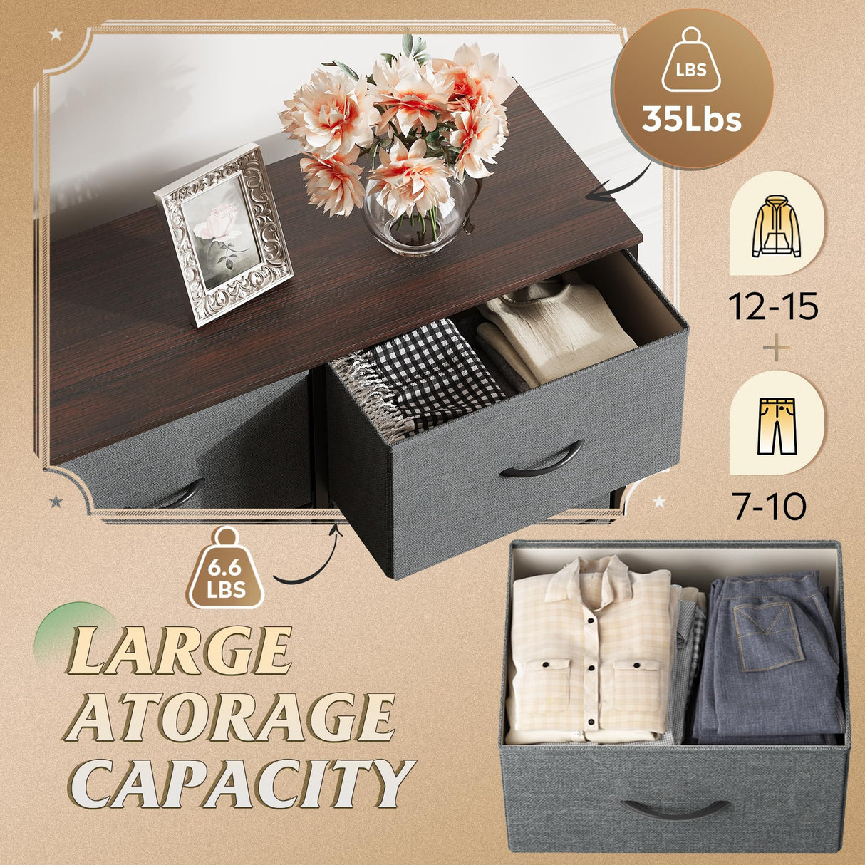 WLIVE Fabric Dresser for Bedroom, Tall Dresser with 8 Drawers, Storage Tower with Fabric Bins, Double Dresser, Chest of Drawers for Closet, Living Room, Hallway, Dark Gray WLIVE