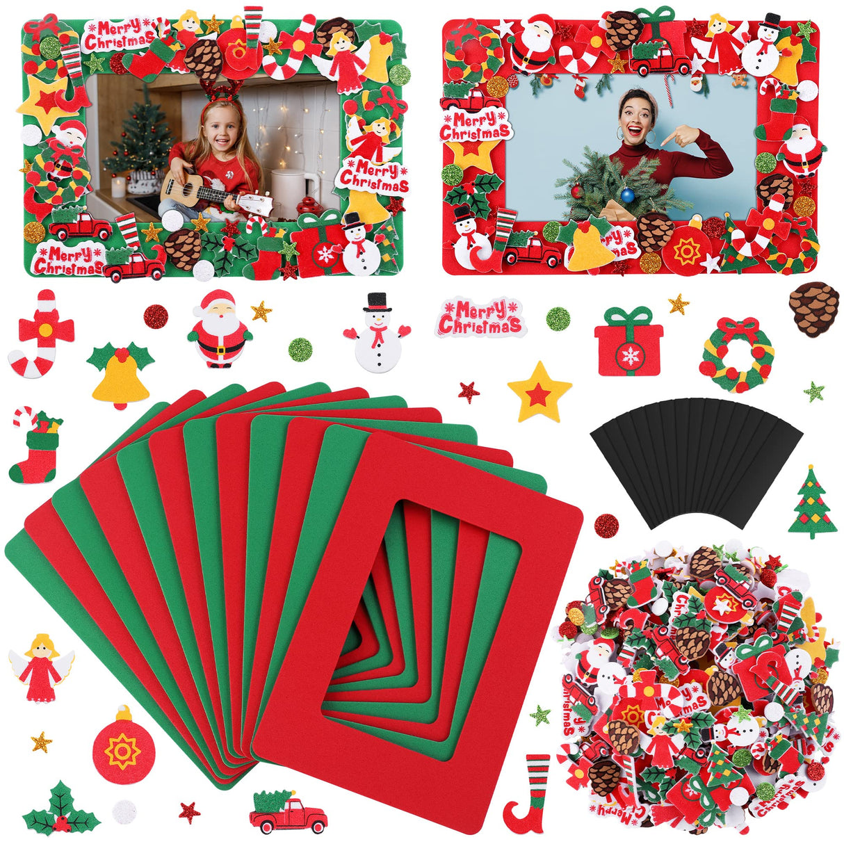 Fovths 436 Pieces Christmas Picture Frame Craft Kit for Kids Include Foam Photo Frames Christmas Foam Self Adhesive Stickers Magnet Art DIY Christmas Ornament for Xmas Party Favor, Home Decor Fovths