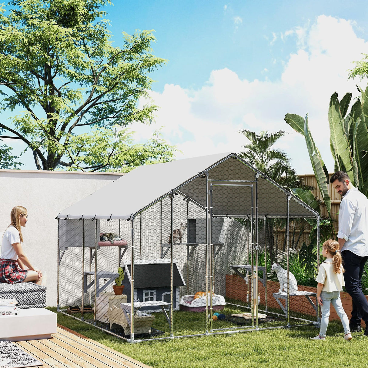 PawHut Catio Outdoor Cat Enclosure, 94.5" Extra Large Walk-in Cat House with Waterproof Cover, 2 Resting Boxes, 7 Jumping Platforms, Chicken Run Coop, Rabbit Hutch, Feral Cat Shelter for Multiple Cats PawHut